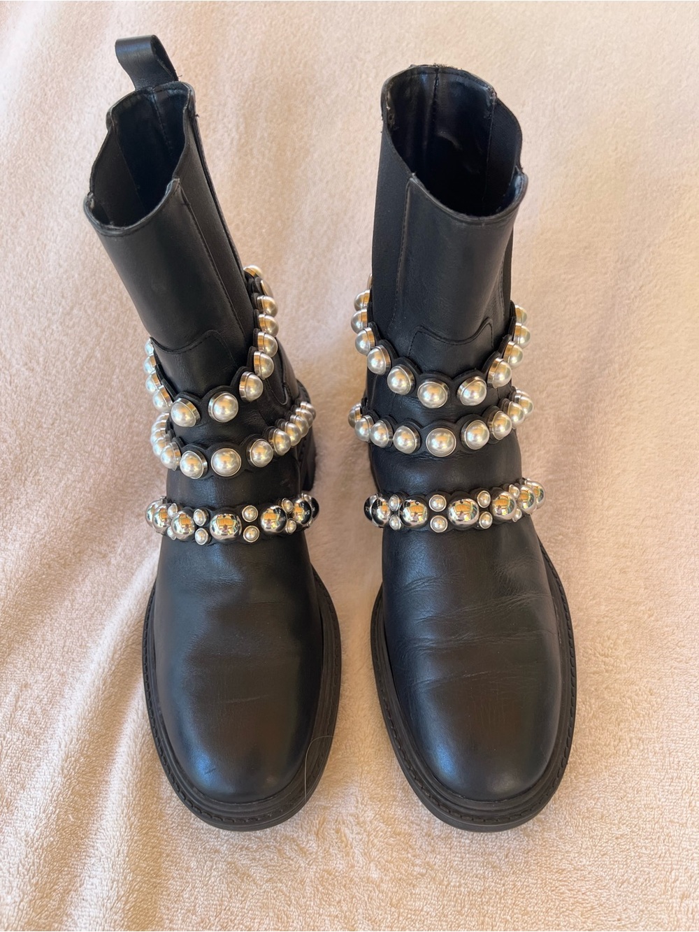 Zara Leather Pearl Strap Ankle Boots Block Heel Size 8 Black - Picture 4 of 12